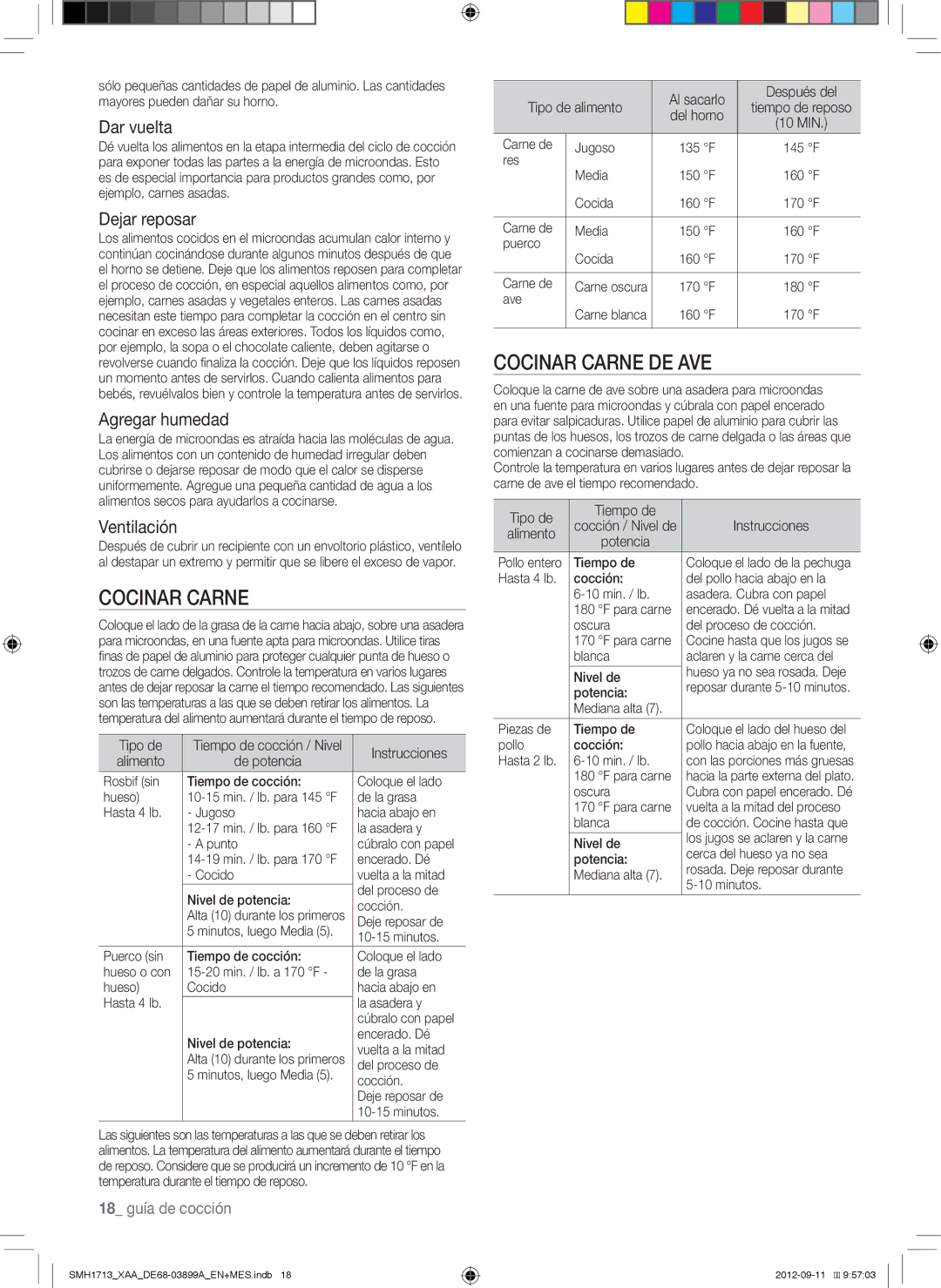 Samsung SMH1713S, SMH1713W, SMH1713B user manual Cocinar Carne DE AVE 