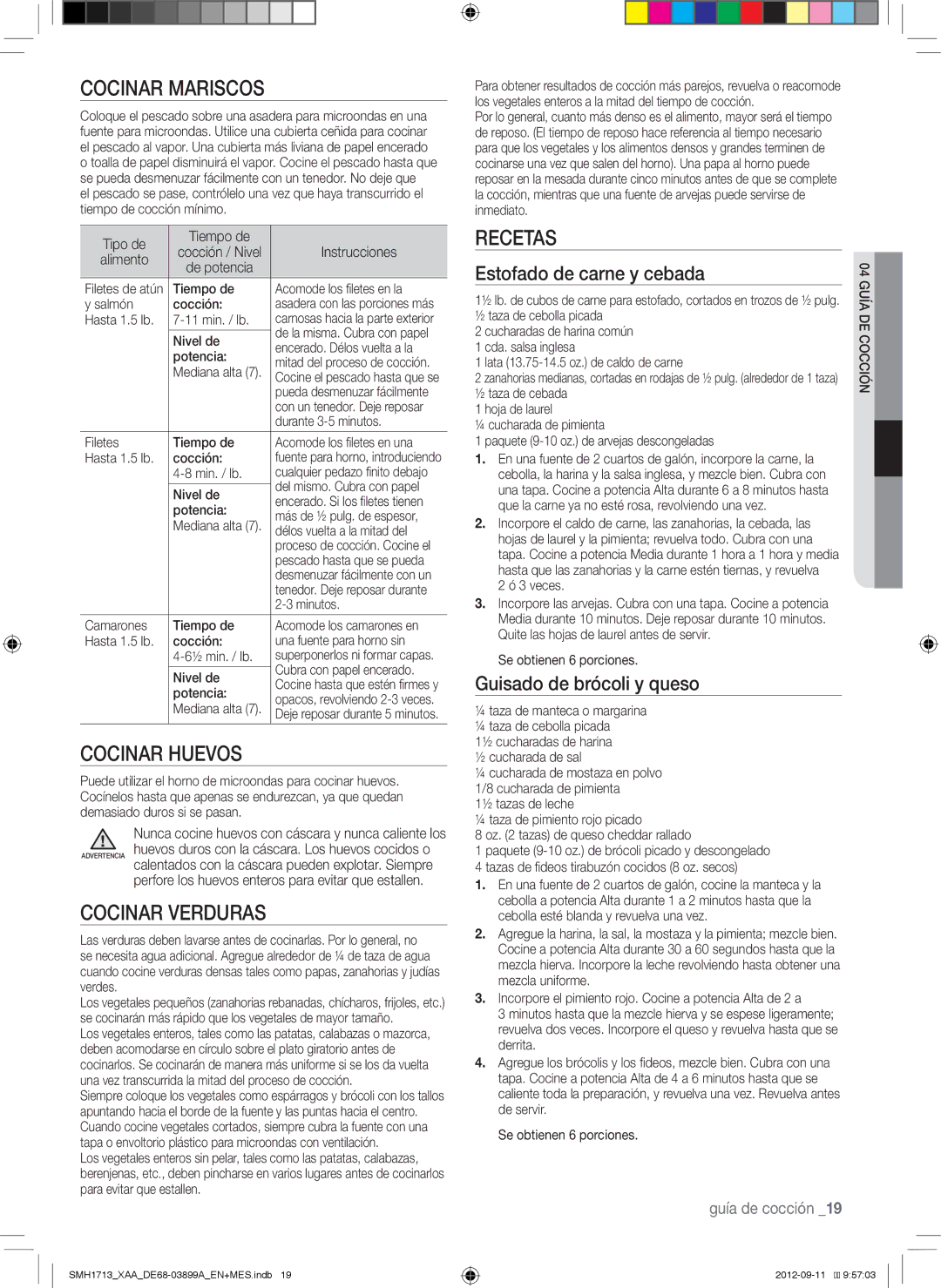 Samsung SMH1713S, SMH1713W, SMH1713B user manual Cocinar Mariscos, Cocinar Huevos, Cocinar Verduras, Recetas 