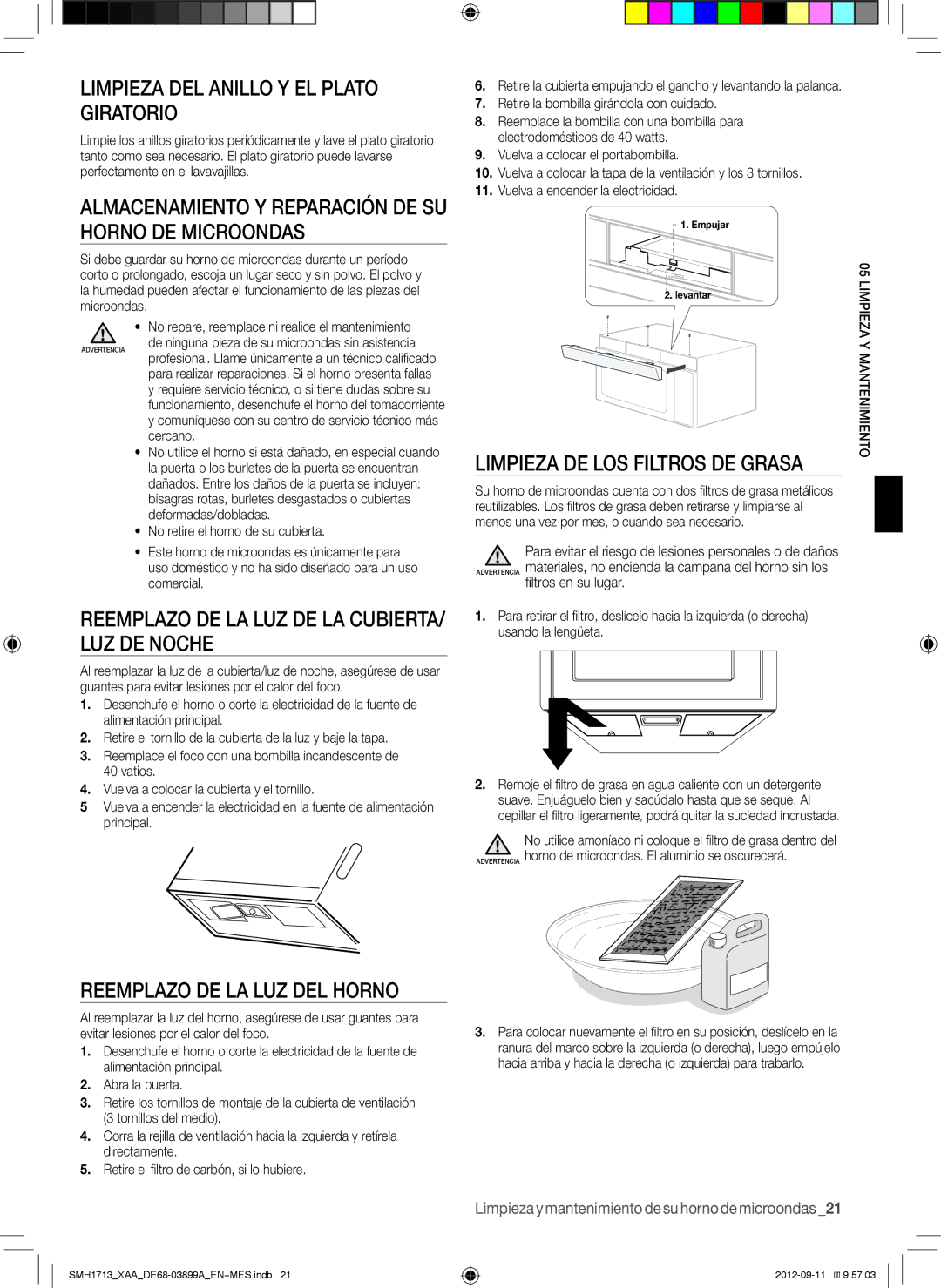 Samsung SMH1713B, SMH1713S Limpieza DEL Anillo Y EL Plato Giratorio, Almacenamiento Y Reparación DE SU Horno DE Microondas 