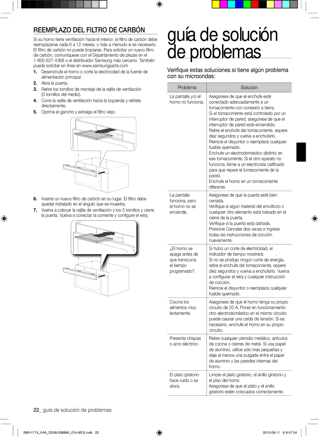 Samsung SMH1713S, SMH1713W, SMH1713B user manual Reemplazo DEL Filtro DE Carbón, Problema Solución 