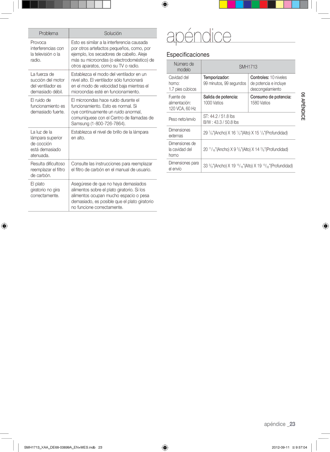 Samsung SMH1713S, SMH1713W, SMH1713B user manual Apéndice, Especificaciones, Número de SMH1713 Modelo 