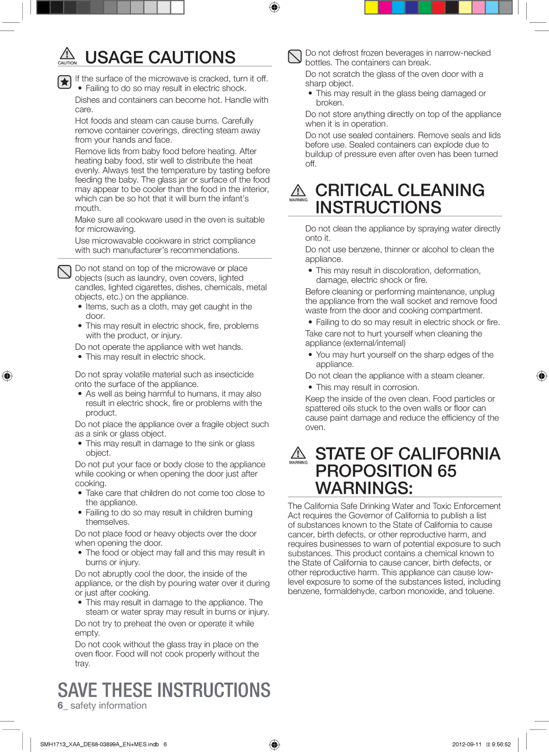 Samsung SMH1713W, SMH1713S, SMH1713B user manual Critical Cleaning Warning Instructions 