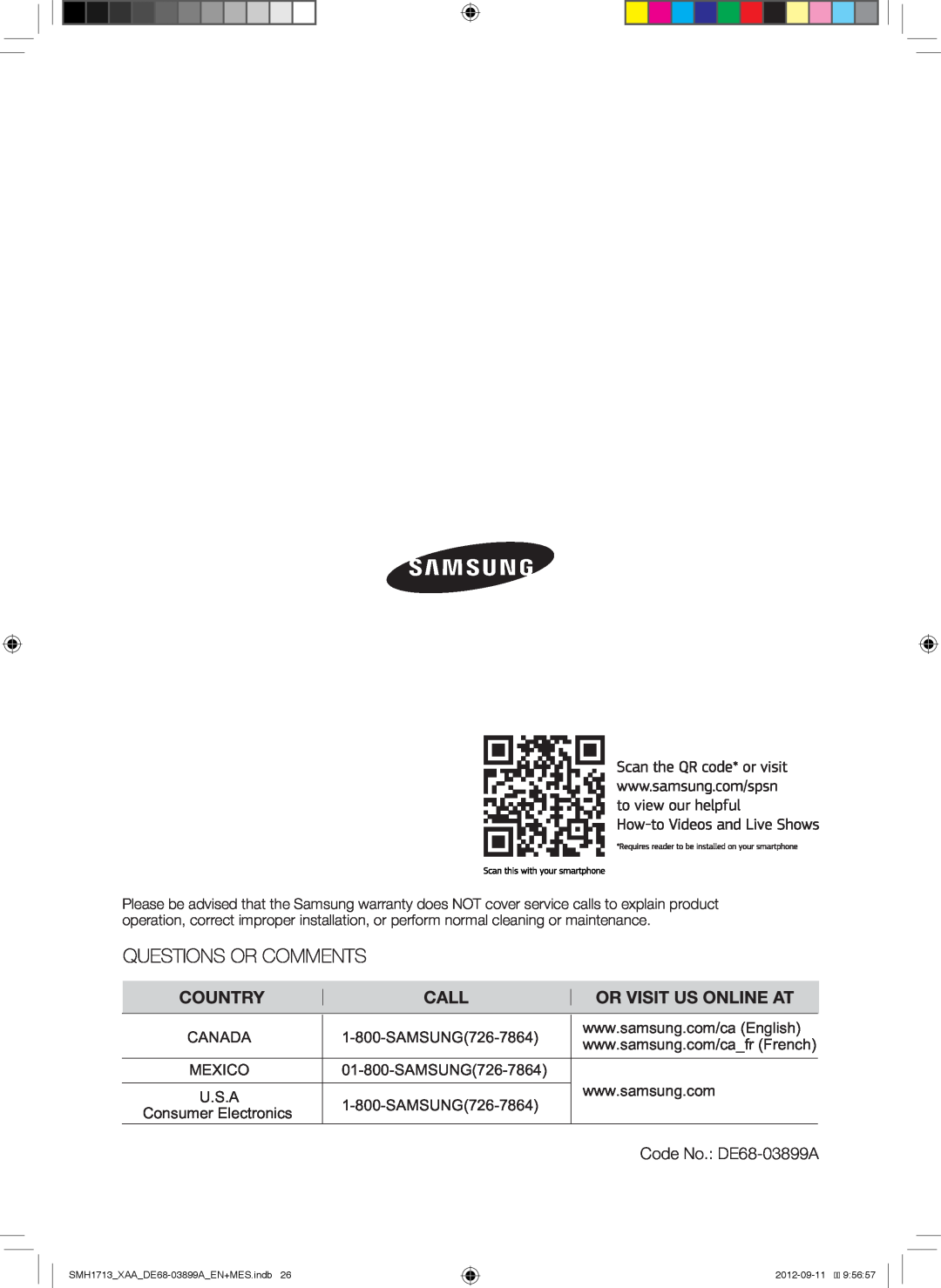 Samsung SMH1713W Code No. DE68-03899A, Canada, Mexico, U.S.A, SMH1713 XAA DE68-03899A EN+MES.indb26, 2012-09-119 56 
