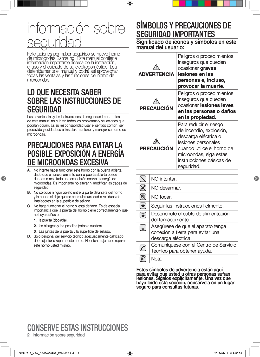 Samsung SMH1713S, SMH1713W, SMH1713B user manual información sobre seguridad, Conserve Estas Instrucciones 