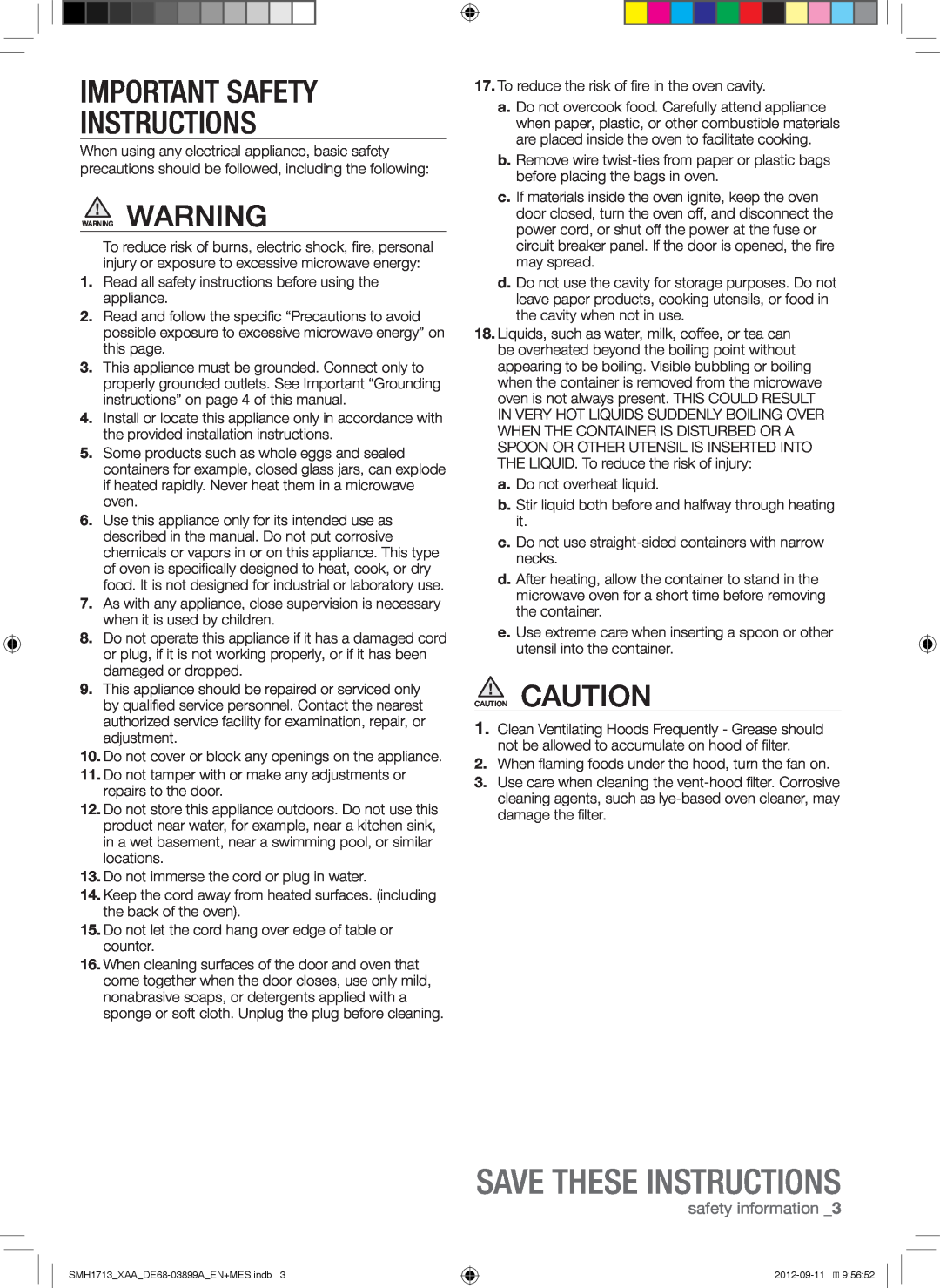 Samsung SMH1713B, SMH1713S, SMH1713W user manual Save These Instructions, Important Safety Instructions, safety information 