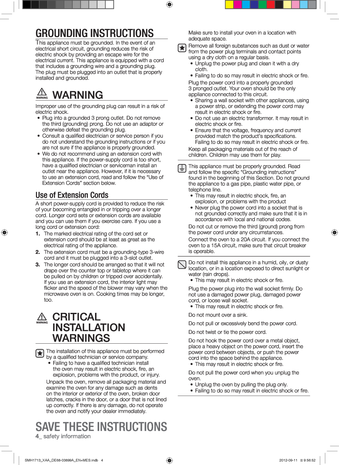 Samsung SMH1713 Grounding Instructions, Critical Warning Installation Warnings, Use of Extension Cords, safety information 