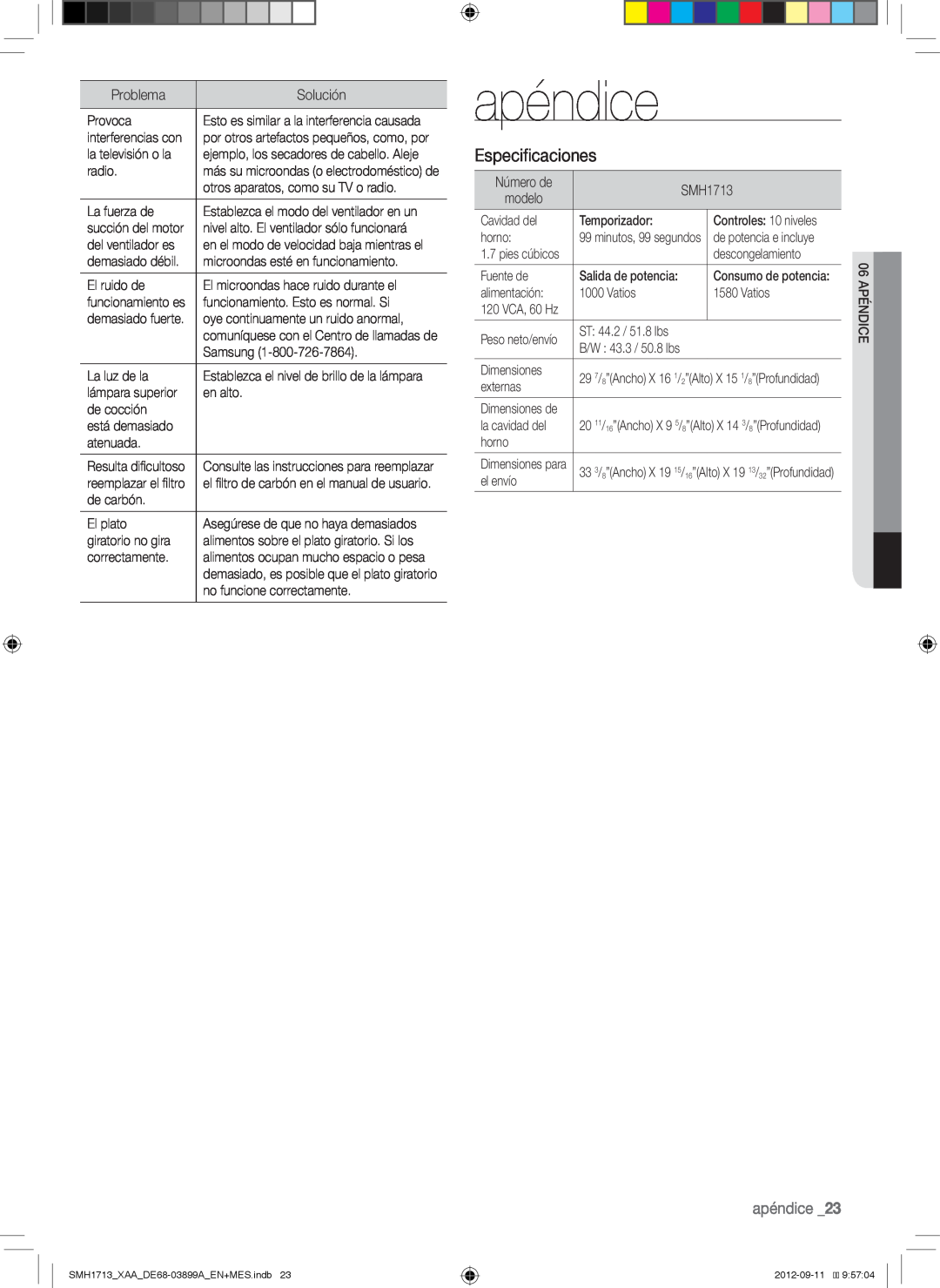 Samsung SMH1713S, SMH1713W, SMH1713B user manual apéndice, Especificaciones 