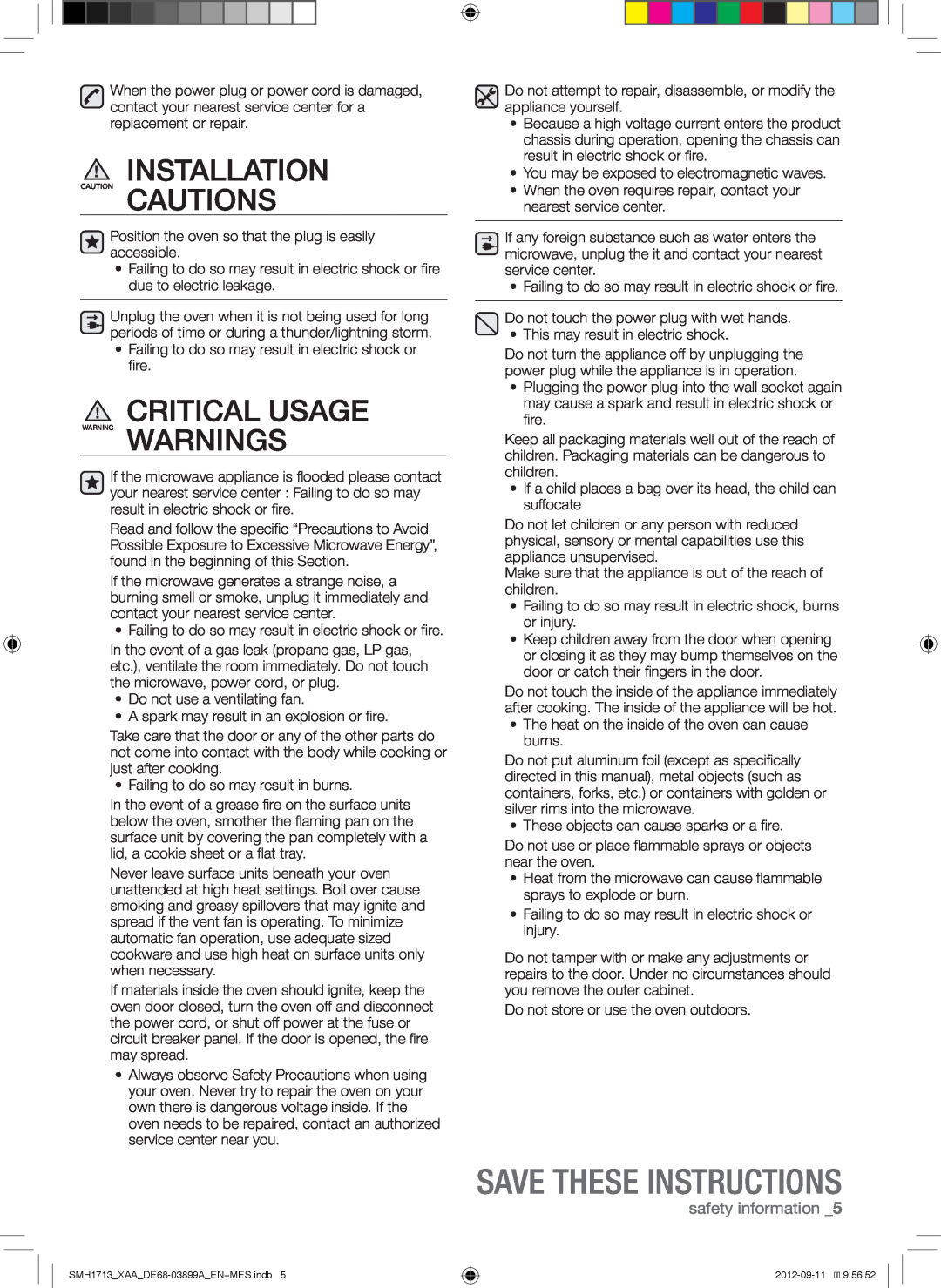 Samsung SMH1713S, SMH1713W, SMH1713B user manual Installation, Save These Instructions, safety information 