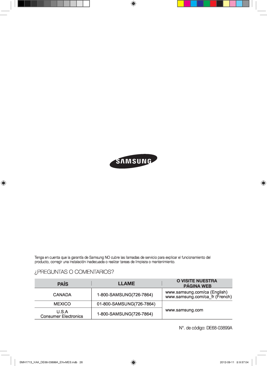 Samsung SMH1713S, SMH1713W, SMH1713B user manual Consumer Electronics, N. de código DE68-03899A 