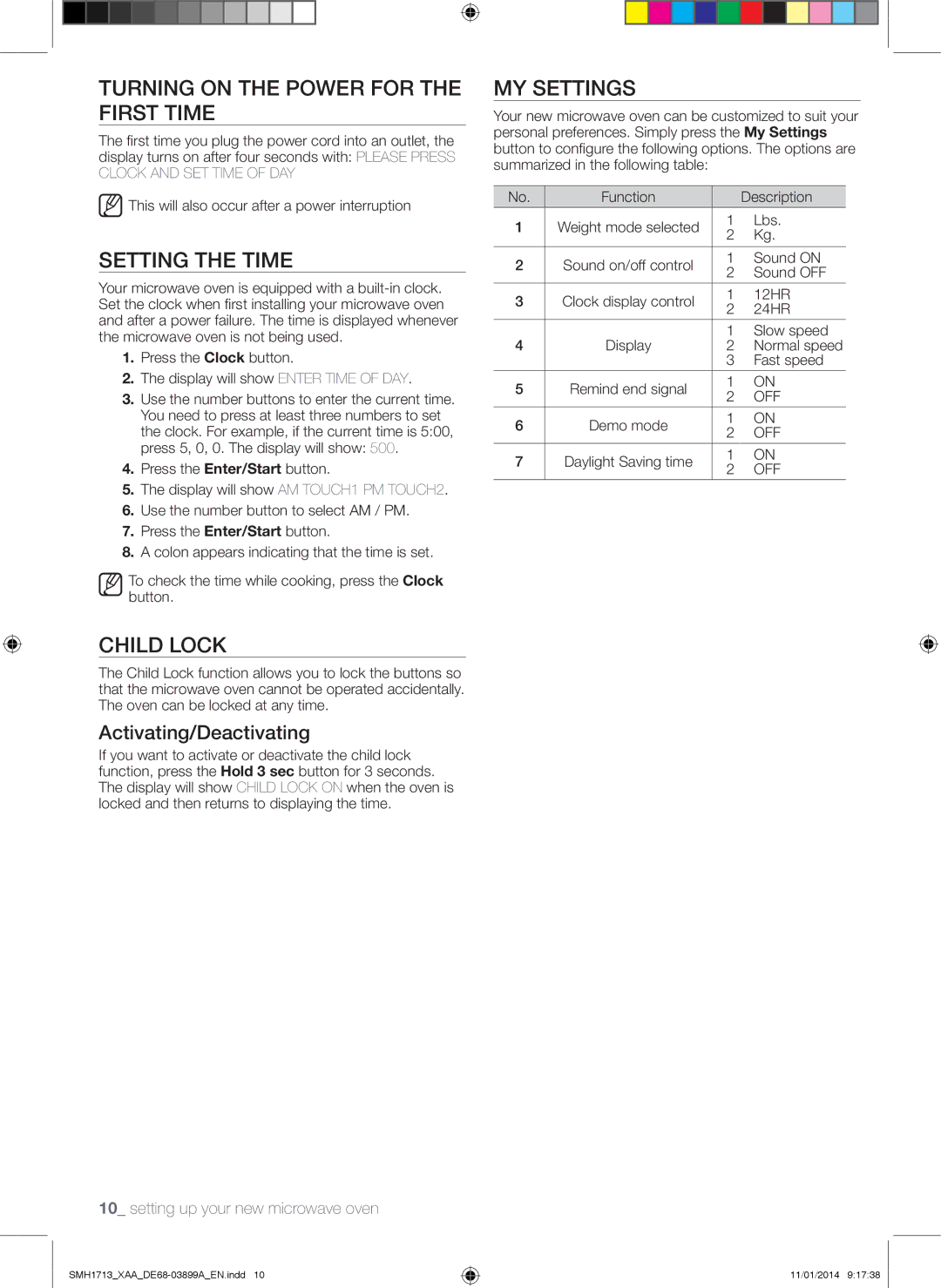 Samsung SMH1713 user manual Turning on the power for the first time, Setting the time, Child Lock, My Settings 