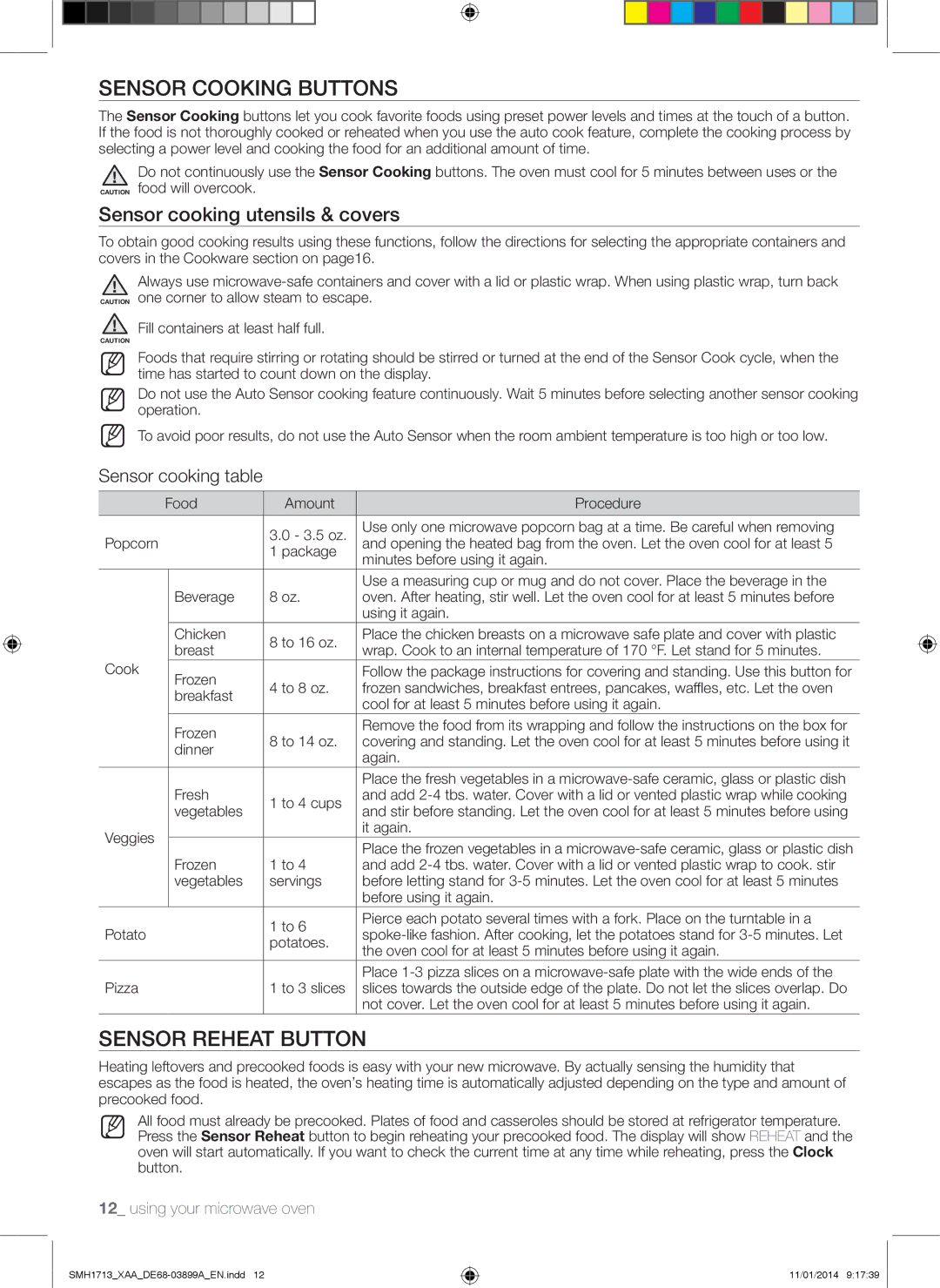 Samsung SMH1713 Sensor Cooking buttons, Sensor Reheat button, Sensor cooking utensils & covers, Sensor cooking table 