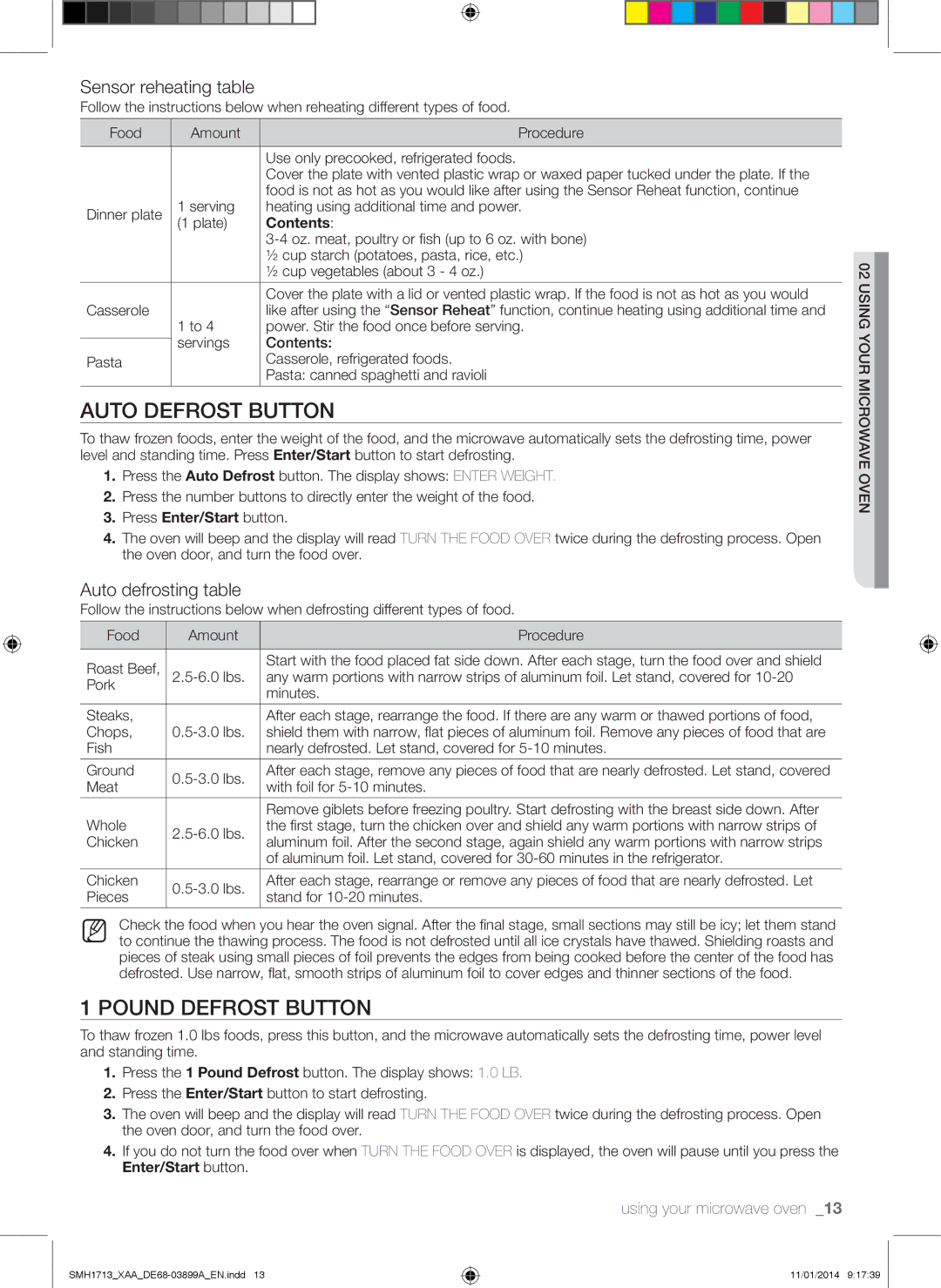 Samsung SMH1713 user manual Auto Defrost button, Pound Defrost button, Sensor reheating table, Auto defrosting table 