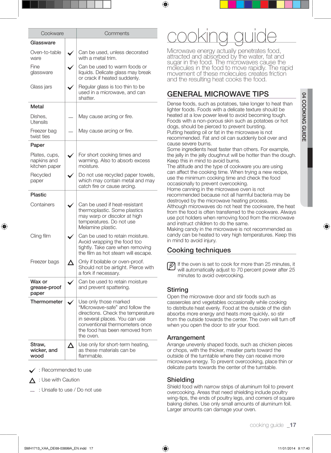 Samsung SMH1713 user manual Cooking guide, General microwave tips, Cooking techniques 