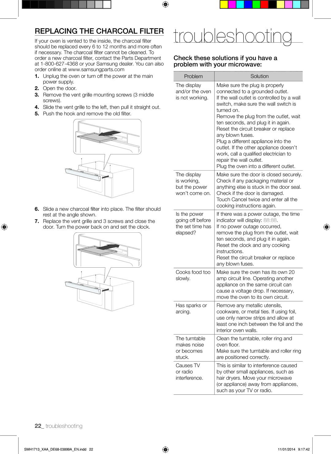 Samsung SMH1713 user manual Troubleshooting, Replacing the charcoal filter 