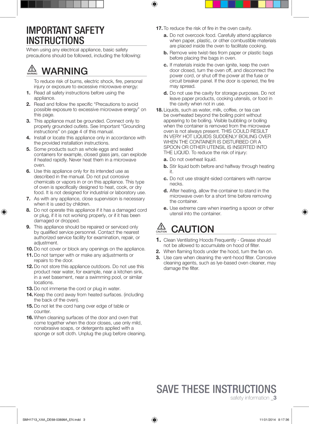 Samsung SMH1713 user manual Important Safety Instructions, To reduce the risk of fire in the oven cavity 