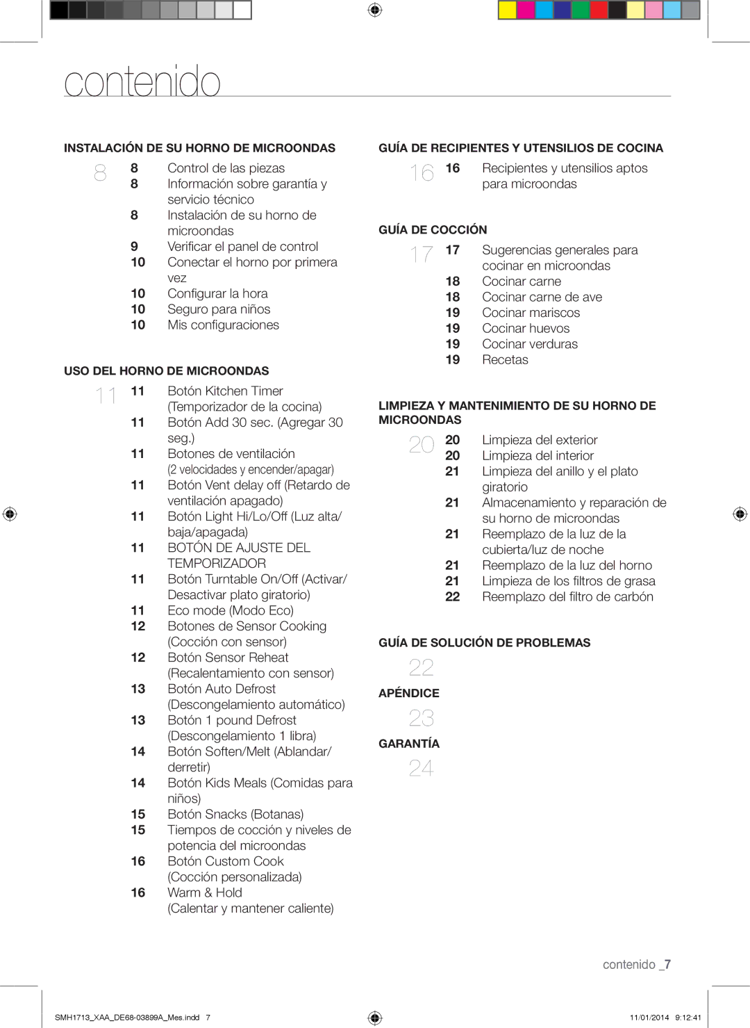 Samsung SMH1713 user manual Contenido, Almacenamiento y reparación de 