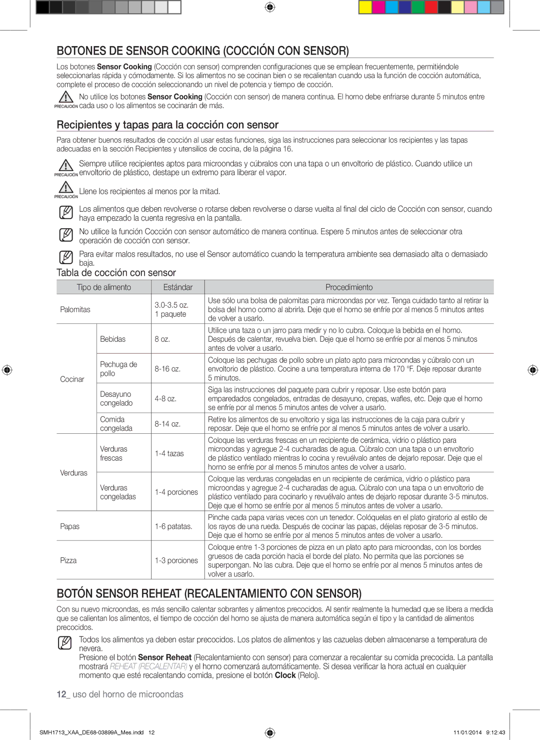 Samsung SMH1713 user manual Botones de Sensor Cooking Cocción con sensor, Botón Sensor Reheat Recalentamiento con sensor 