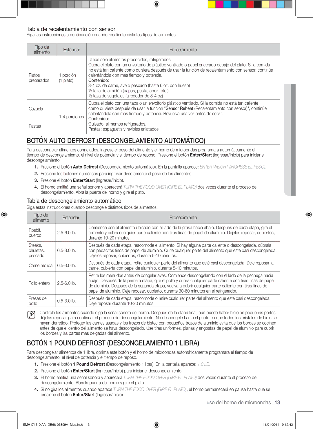 Samsung SMH1713 user manual Botón Auto Defrost Descongelamiento automático, Botón 1 pound Defrost Descongelamiento 1 libra 