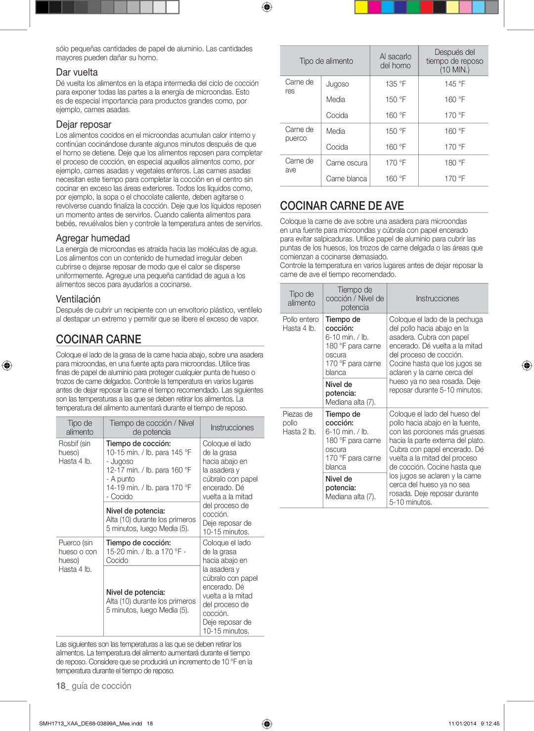 Samsung SMH1713 user manual Cocinar carne de ave 