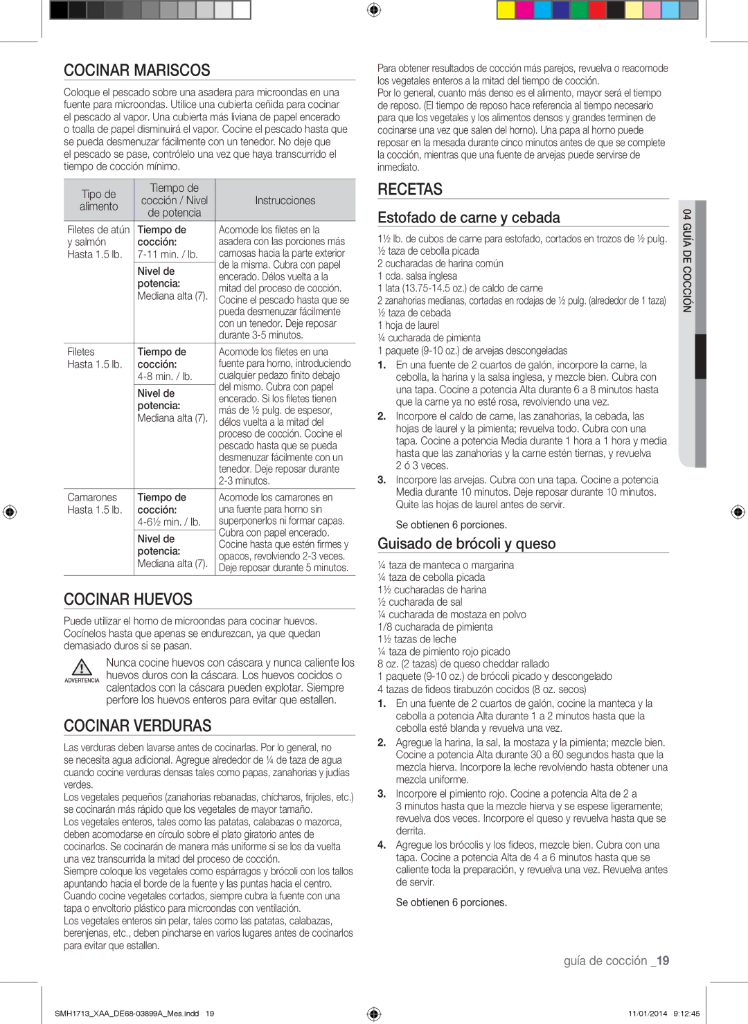 Samsung SMH1713 user manual Cocinar mariscos, Cocinar huevos, Cocinar verduras, Recetas 