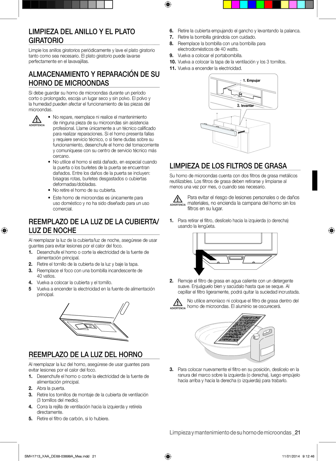 Samsung SMH1713 user manual Limpieza del anillo y el plato giratorio, Almacenamiento y reparación de su horno de microondas 