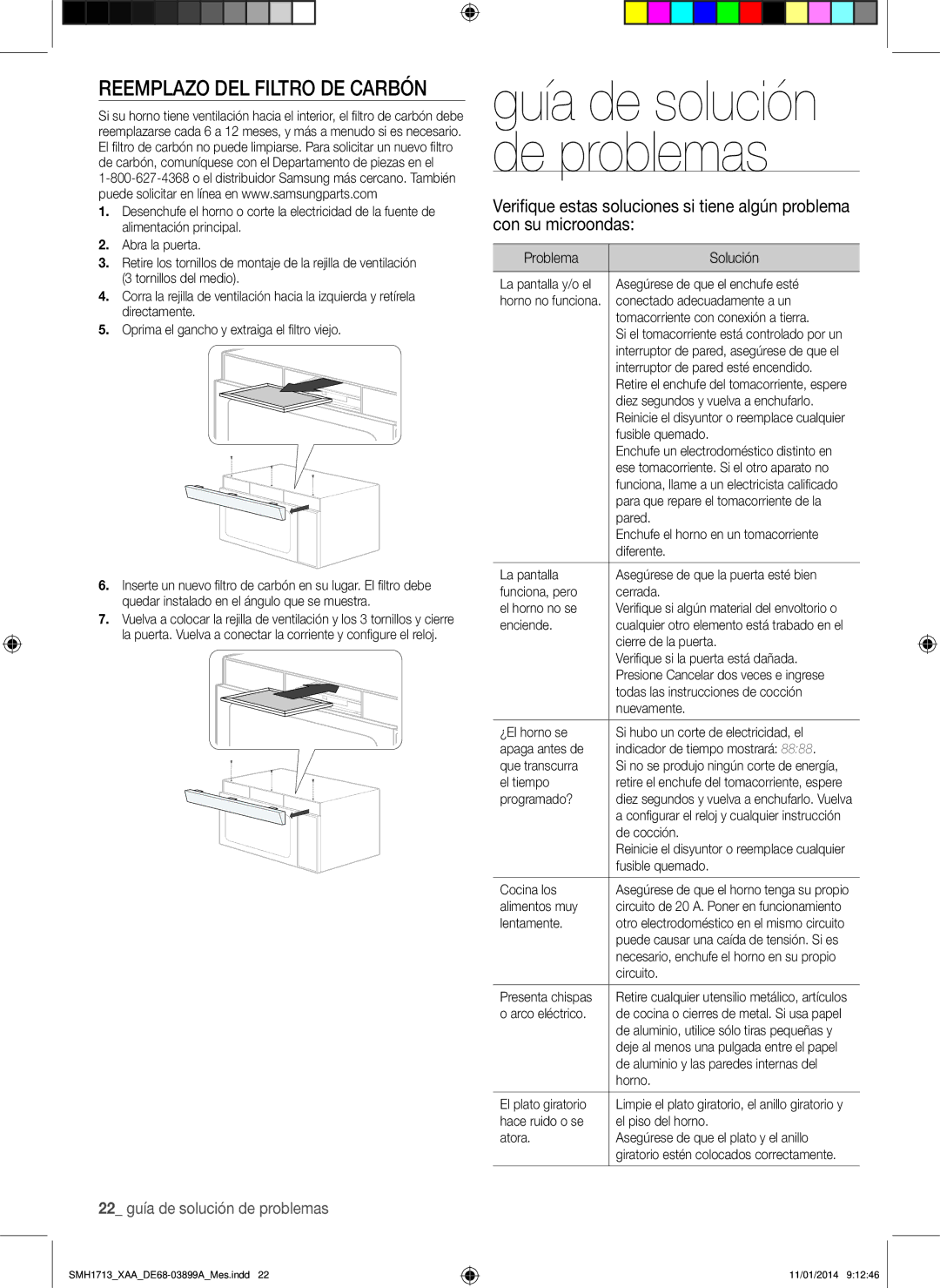 Samsung SMH1713 user manual Reemplazo del filtro de carbón, Problema Solución 