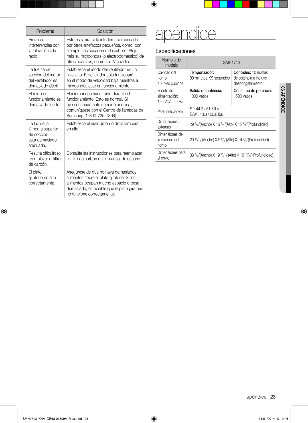 Samsung user manual Apéndice, Especificaciones, Número de SMH1713 Modelo 