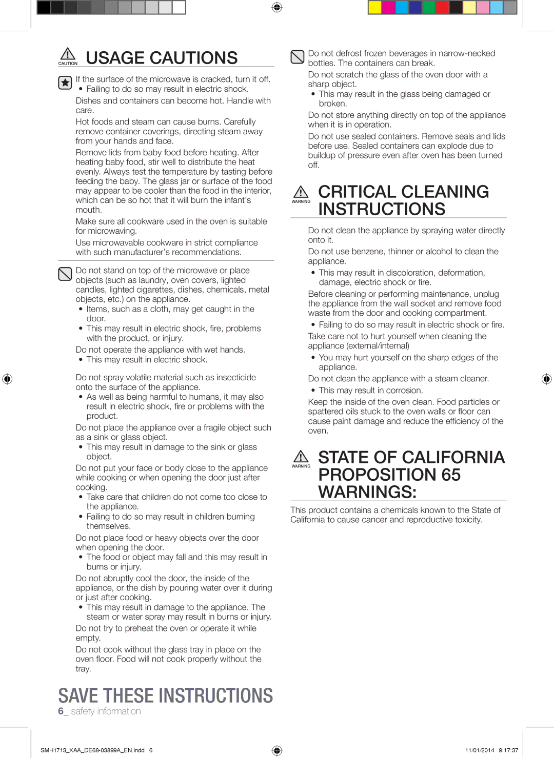 Samsung SMH1713 user manual Critical Cleaning Warning Instructions 