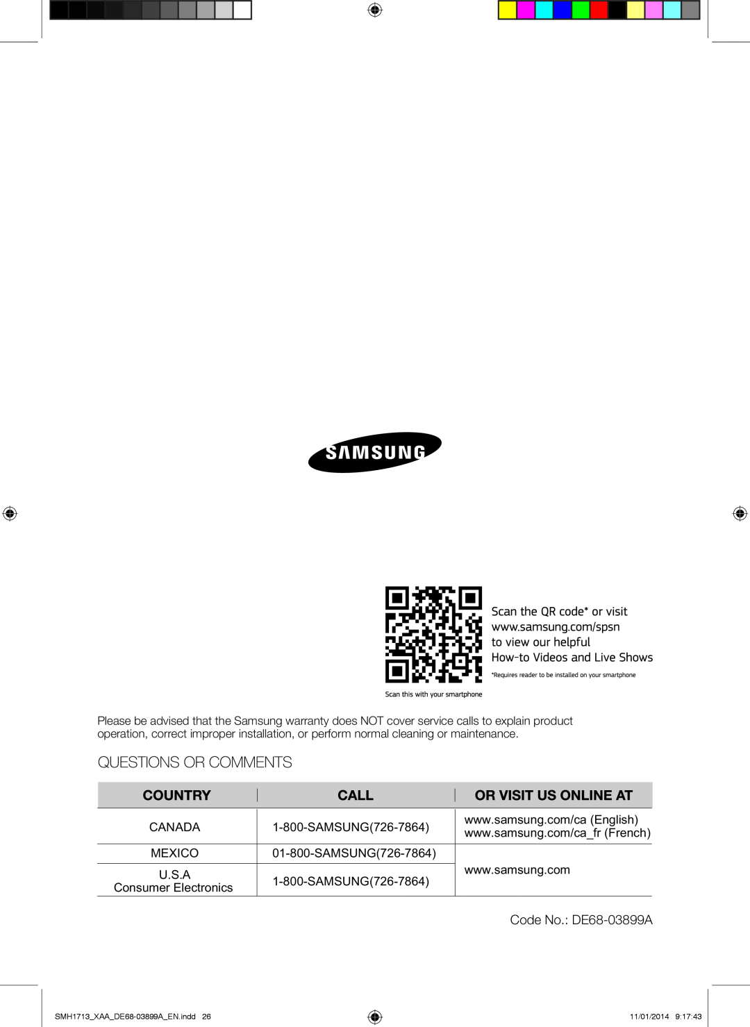 Samsung user manual Code No. DE68-03899A, Consumer Electronics, SMH1713XAADE68-03899AEN.indd, 11/01/2014 