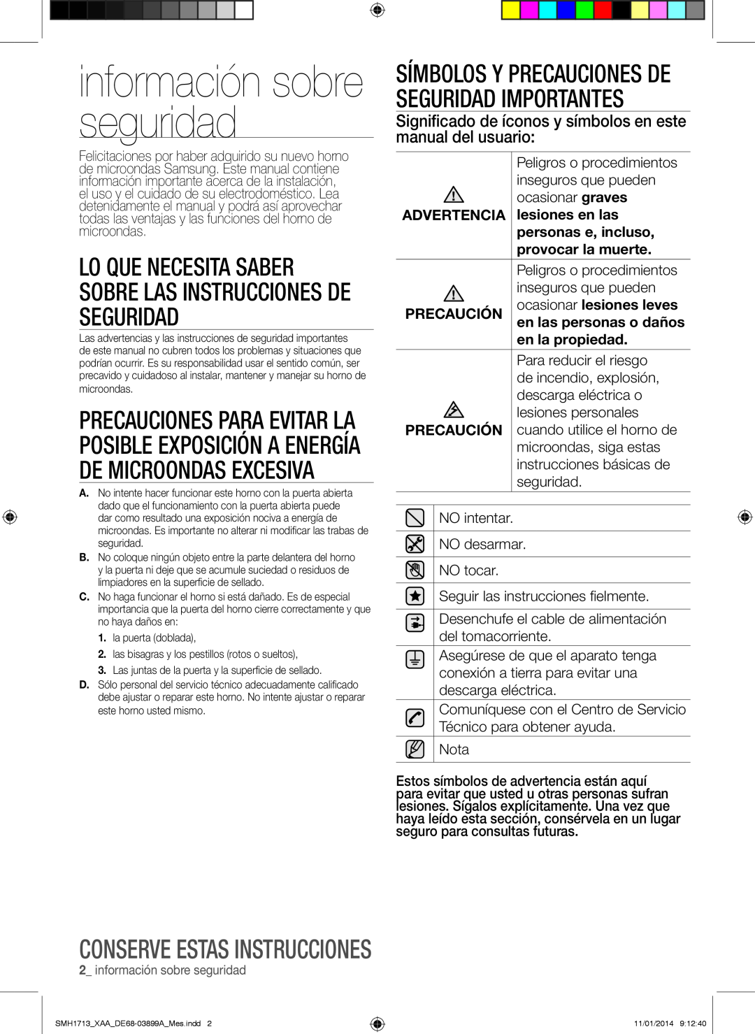 Samsung SMH1713 información sobre seguridad, Conserve estas instrucciones, Advertencia, lesiones en las, en la propiedad 