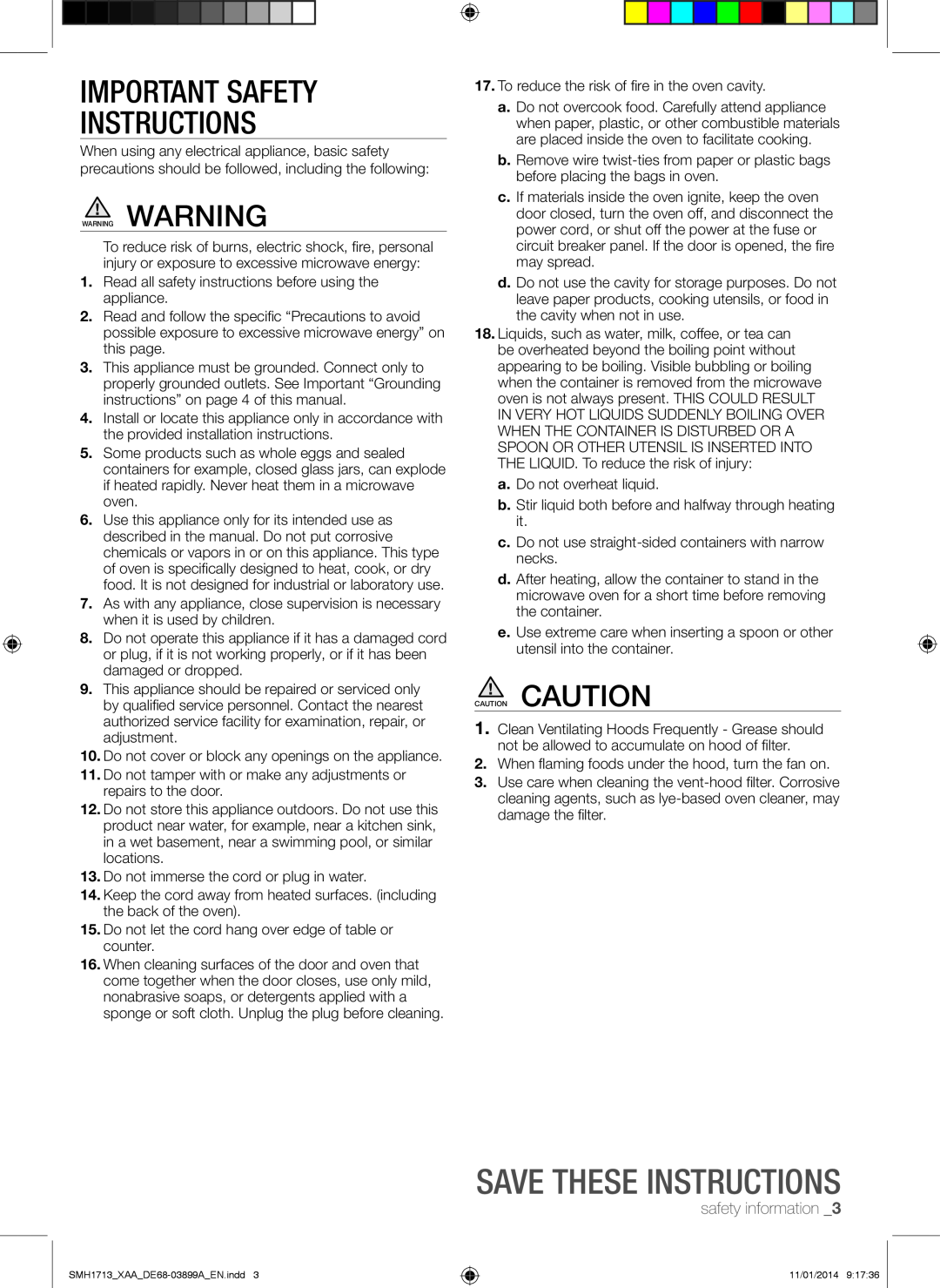 Samsung SMH1713 user manual Important Safety Instructions, Save these instructions, safety information 