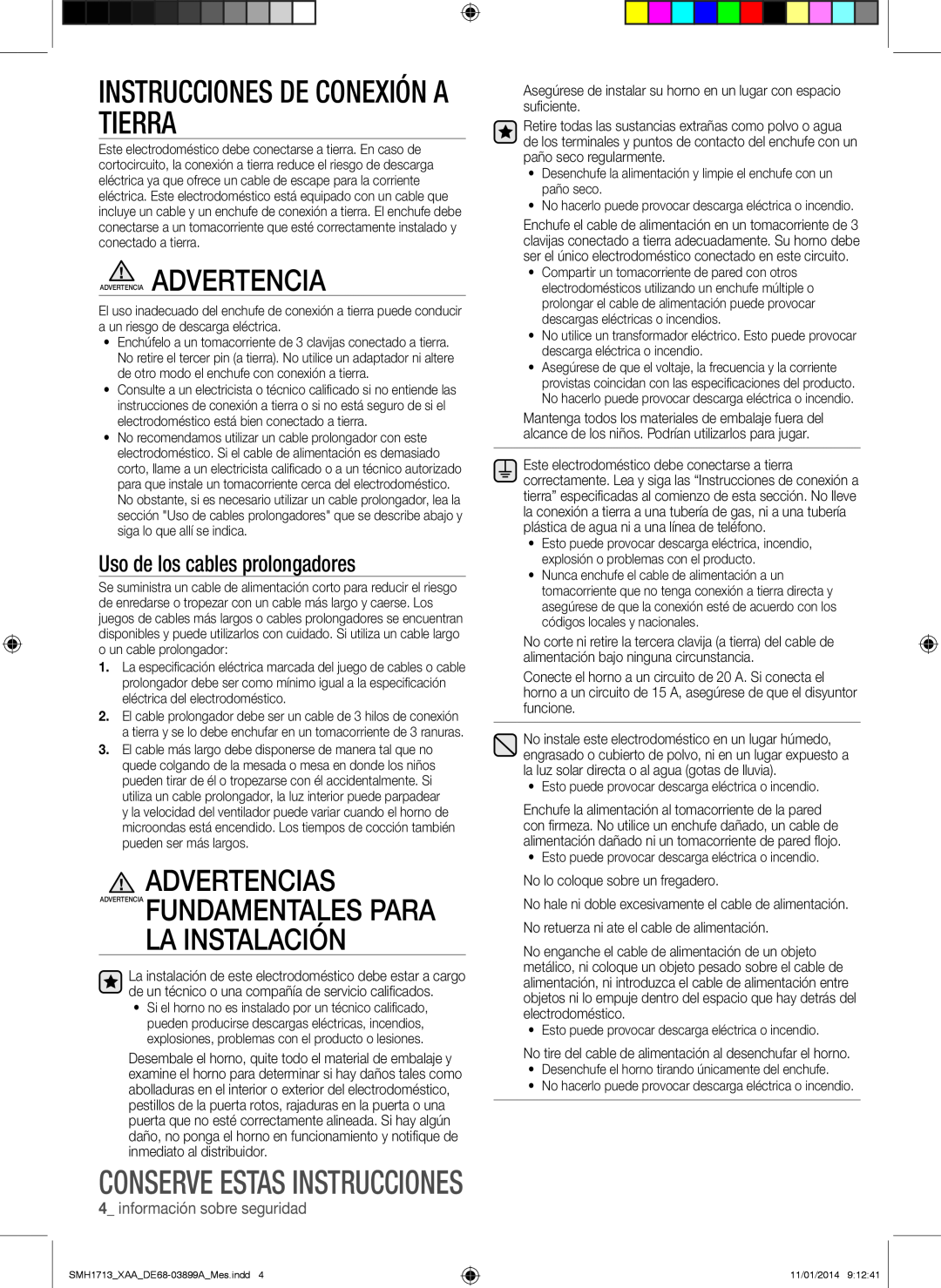 Samsung SMH1713 user manual Instrucciones De Conexión A Tierra, Advertencias, Advertencia Fundamentales Para La Instalación 