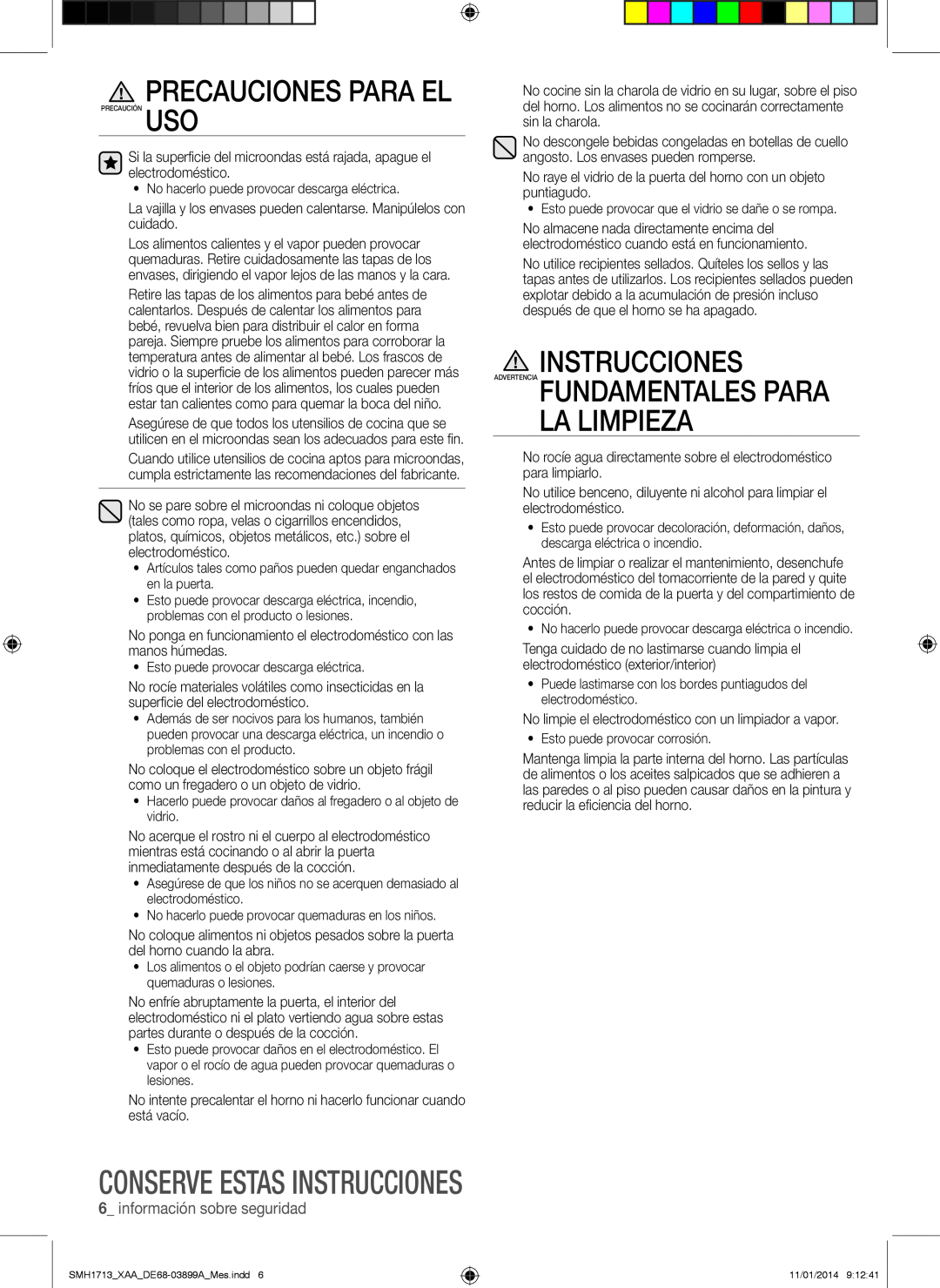 Samsung SMH1713 user manual Instrucciones Advertencia Fundamentales Para La Limpieza, Precauciones Para El 
