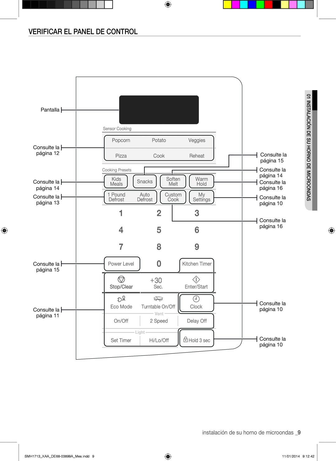 Samsung Verificar el panel de control, instalación de su horno de microondas, SMH1713XAADE68-03899AMes.indd, 11/01/2014 
