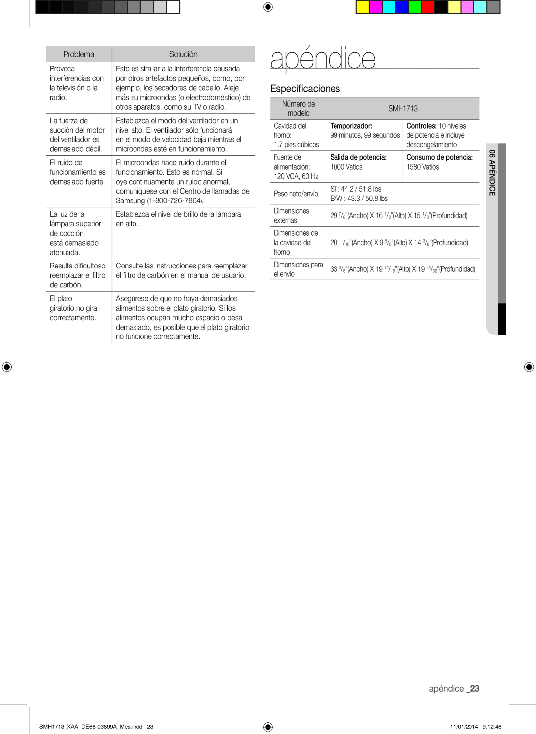 Samsung SMH1713 user manual apéndice, Especificaciones 
