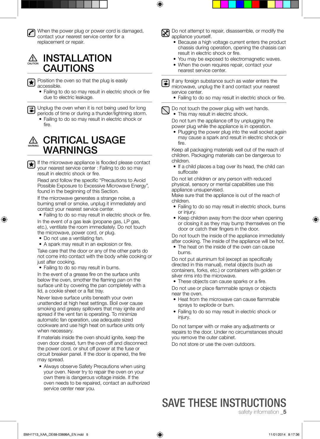 Samsung SMH1713 user manual Installation, Save these instructions, safety information, Caution Cautions 