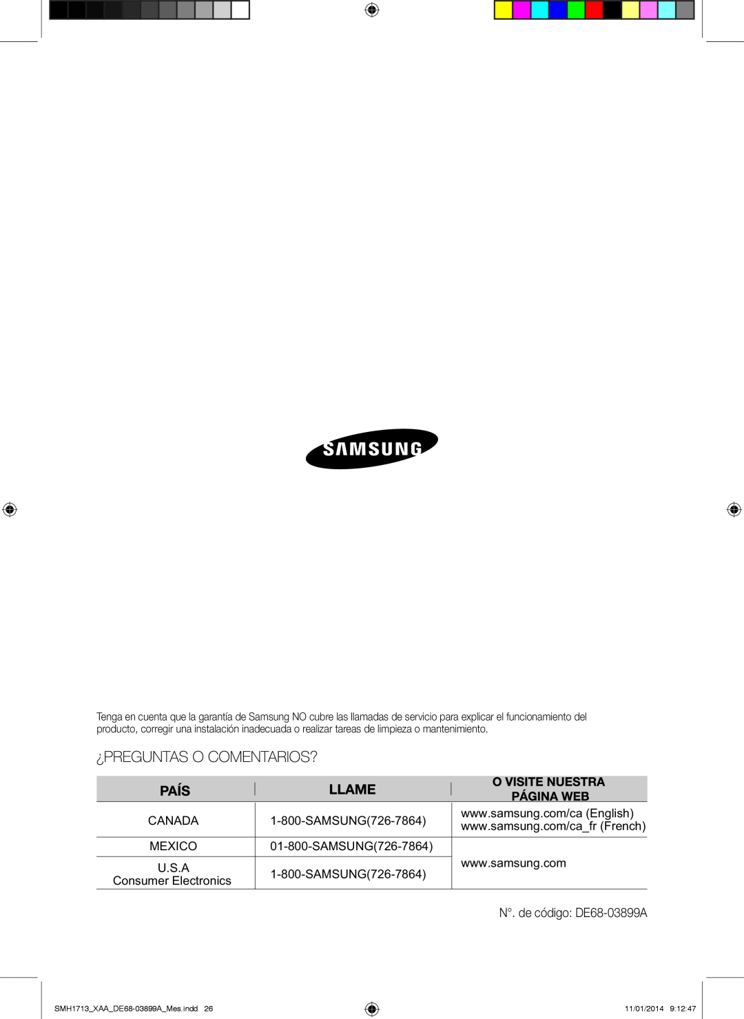 Samsung user manual Canada, SAMSUNG726-7864, Mexico, U.S.A, SMH1713XAADE68-03899AMes.indd, 11/01/2014 