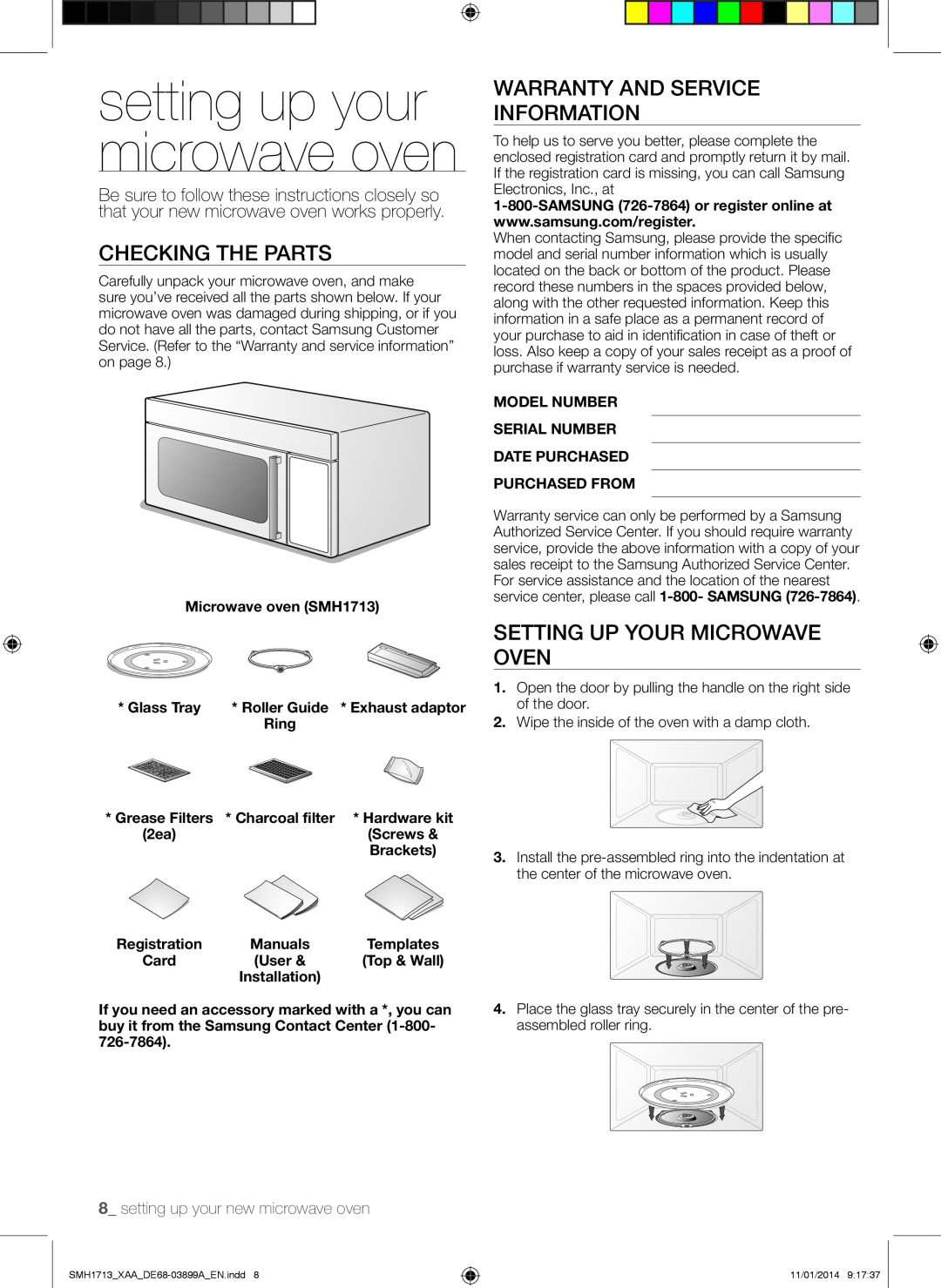 Samsung SMH1713 setting up your microwave oven, Checking the parts, Warranty and service information, Glass Tray, Ring 