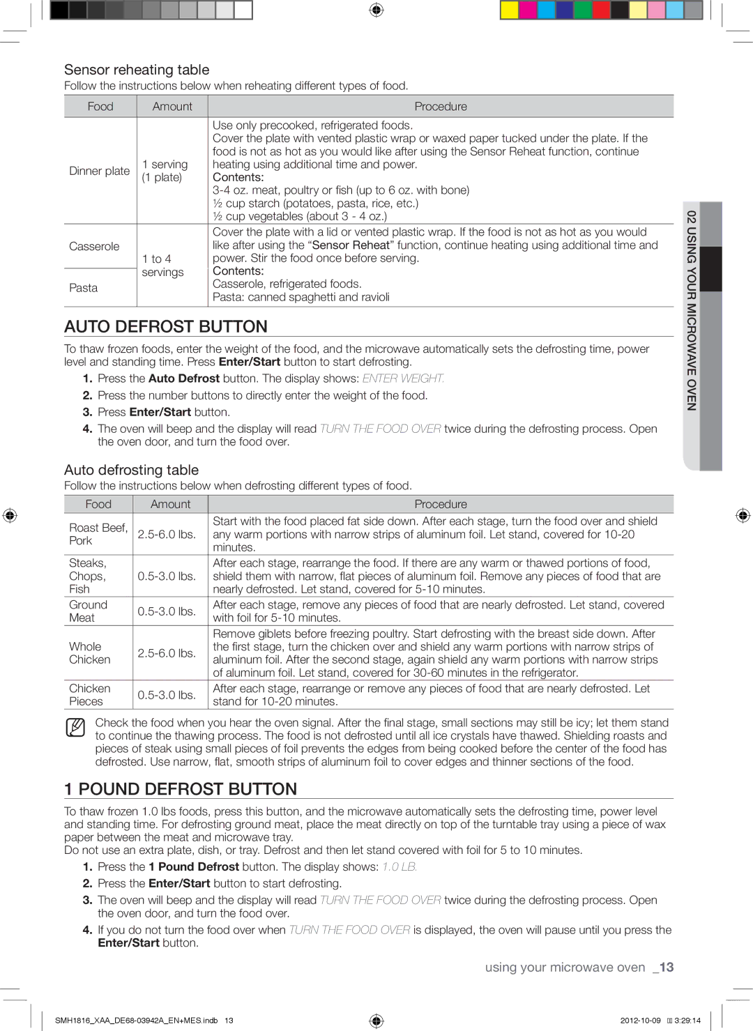 Samsung SMH1816S, SMH1816B Auto Defrost Button, Pound Defrost Button, Sensor reheating table, Auto defrosting table 