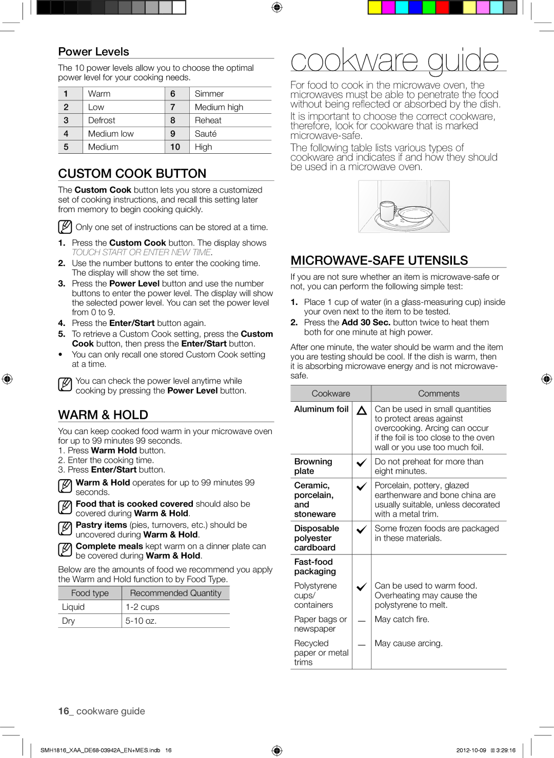 Samsung SMH1816B, SMH1816S, SMH1816W Cookware guide, Custom Cook Button, Warm & Hold, MICROWAVE-SAFE Utensils, Power Levels 