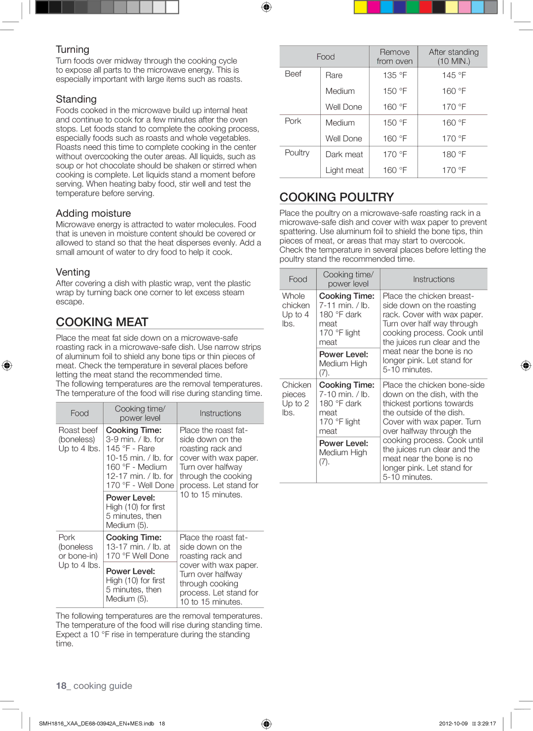 Samsung SMH1816W, SMH1816B, SMH1816S user manual Cooking Meat, Cooking Poultry 