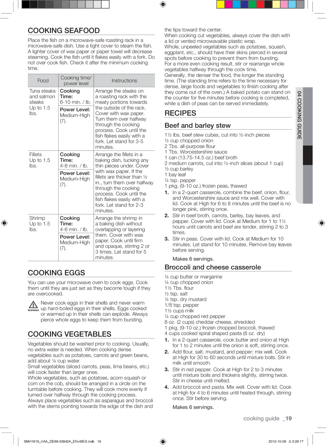 Samsung SMH1816B, SMH1816S, SMH1816W user manual Cooking Seafood, Cooking Eggs, Cooking Vegetables, Recipes 