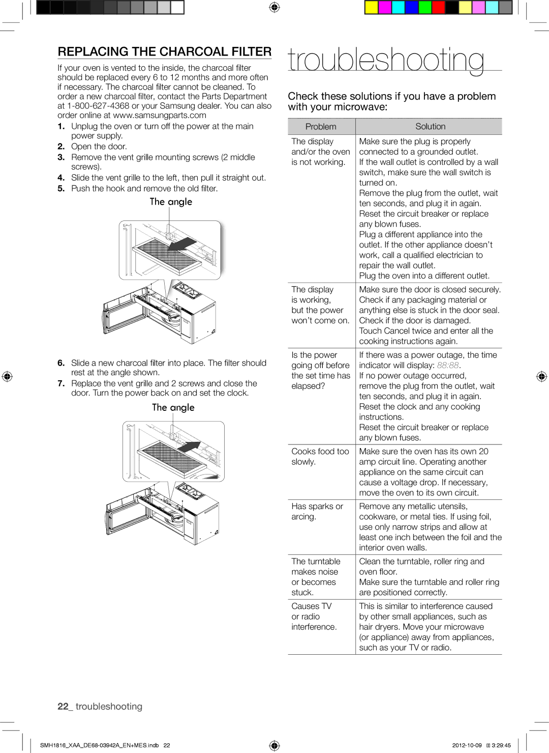 Samsung SMH1816W, SMH1816B, SMH1816S user manual Troubleshooting, Replacing the Charcoal Filter 