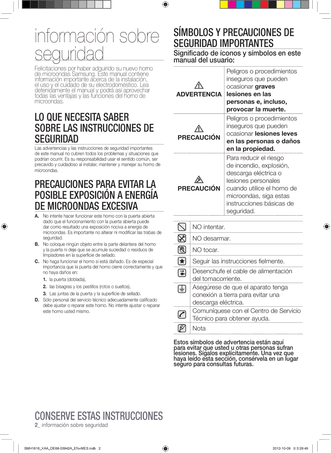 Samsung SMH1816B Peligros o procedimientos, Inseguros que pueden, Ocasionar graves, Para reducir el riesgo, Seguridad 