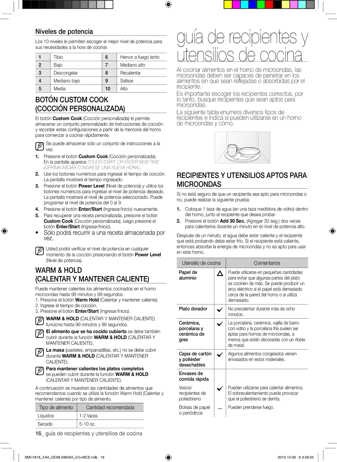 Samsung SMH1816W, SMH1816B Warm & Hold Calentar Y Mantener Caliente, Recipientes Y Utensilios Aptos Para Microondas 