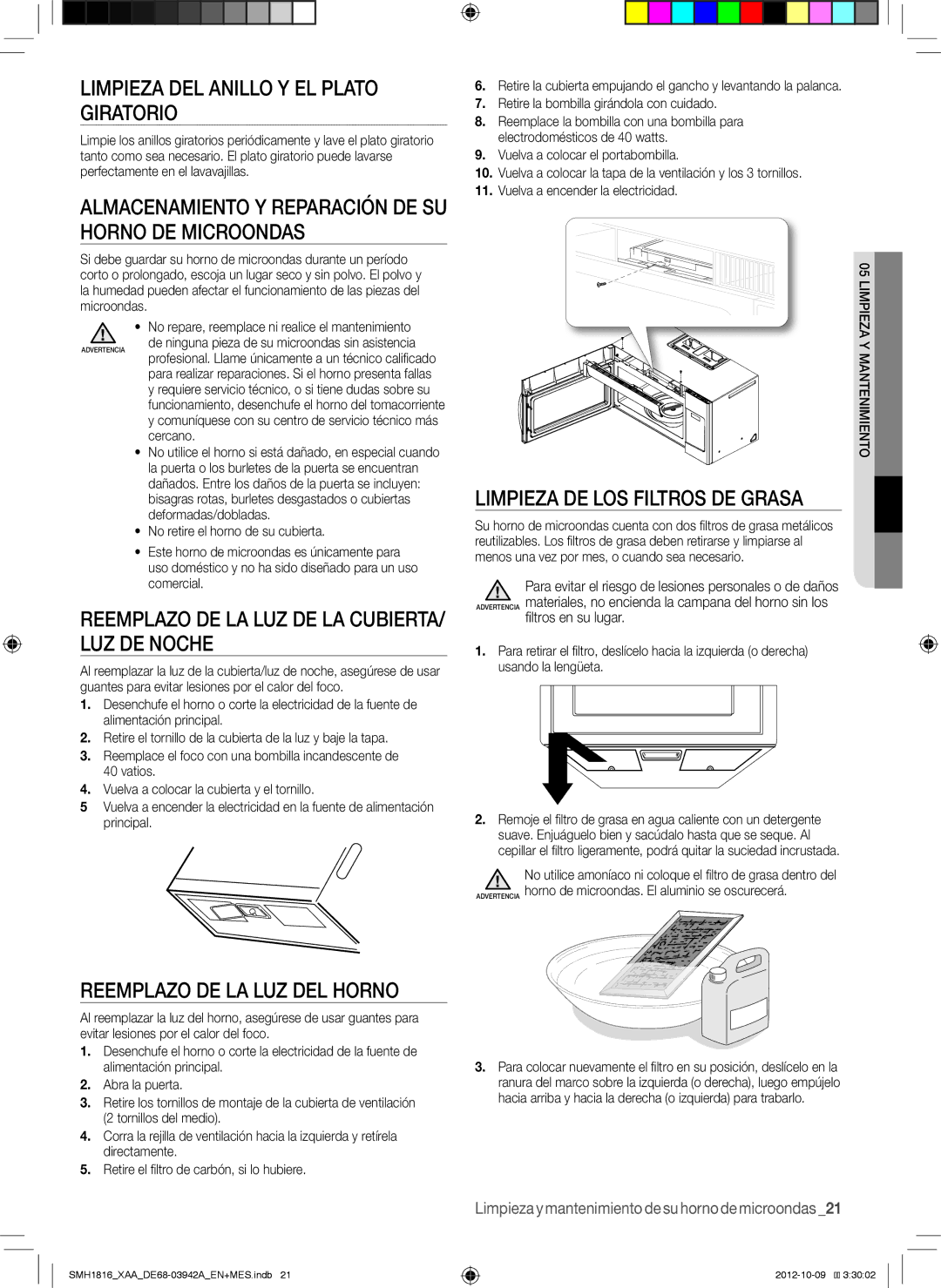 Samsung SMH1816B Limpieza DEL Anillo Y EL Plato Giratorio, Almacenamiento Y Reparación DE SU Horno DE Microondas 