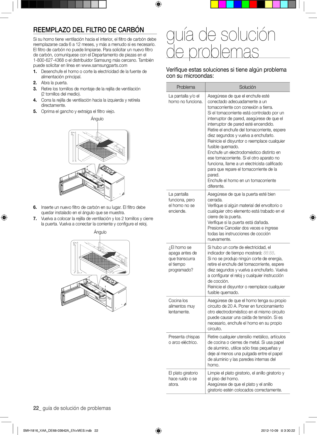 Samsung SMH1816B, SMH1816S, SMH1816W user manual Reemplazo DEL Filtro DE Carbón, Problema Solución 