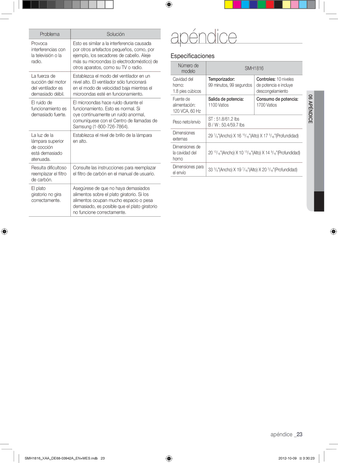 Samsung SMH1816S, SMH1816B, SMH1816W user manual Apéndice, Especificaciones, Número de SMH1816 Modelo 