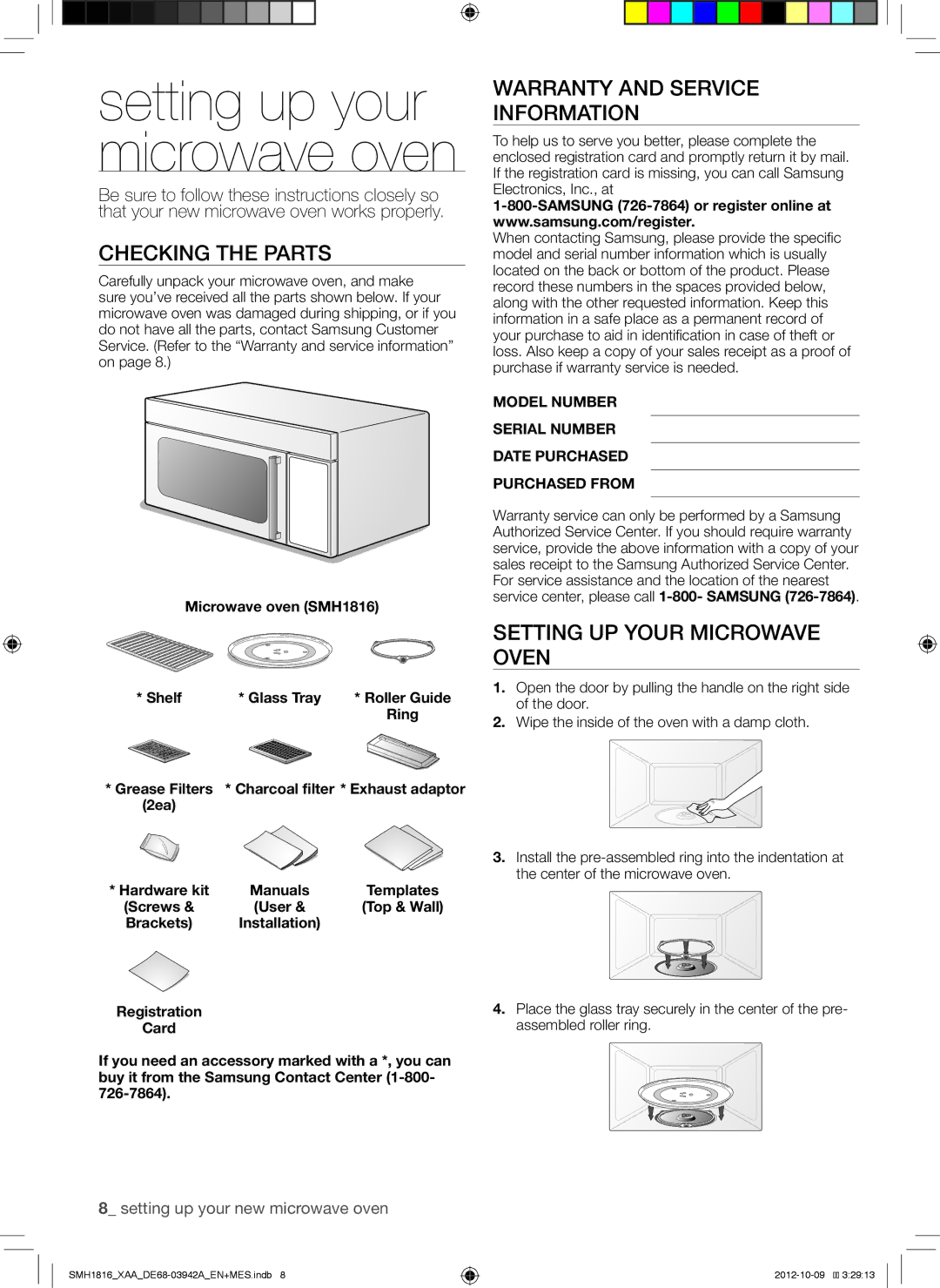 Samsung SMH1816B, SMH1816S, SMH1816W Checking the Parts, Warranty and Service Information, Setting UP Your Microwave Oven 