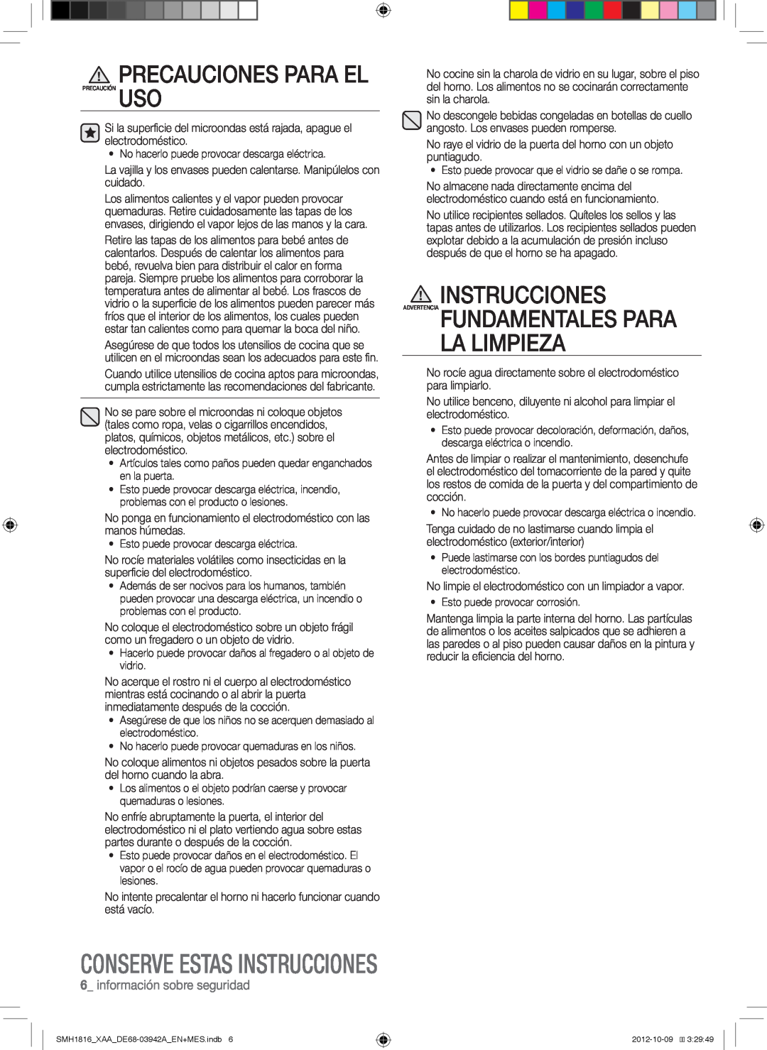 Samsung SMH1816B, SMH1816S, SMH1816W Instrucciones Advertencia Fundamentales Para La Limpieza, Precauciones Para El 